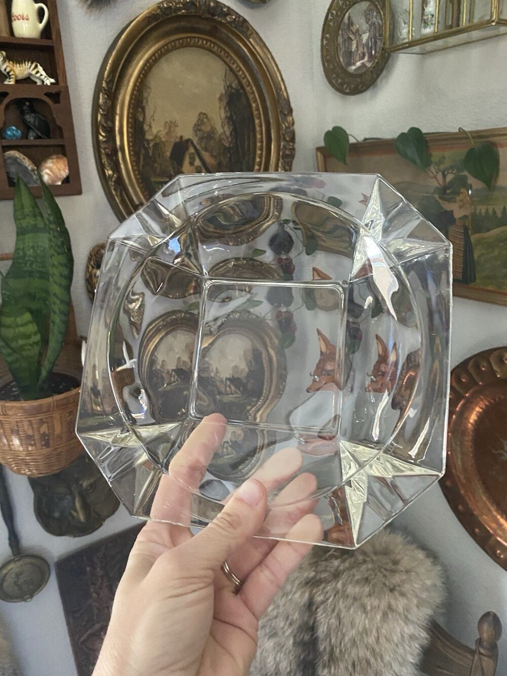 Vintage Midcentury Square Clear Glass Ashtray Large Heavy Glass Ashtray